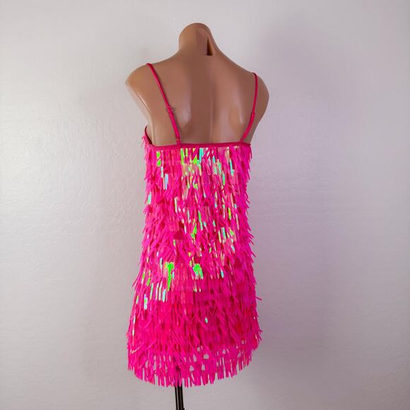 Hot Pink Fringe Sequins Mini Dress Formal Party Popstar Showgirl Girly Sz XS NWT - Picture 8 of 13